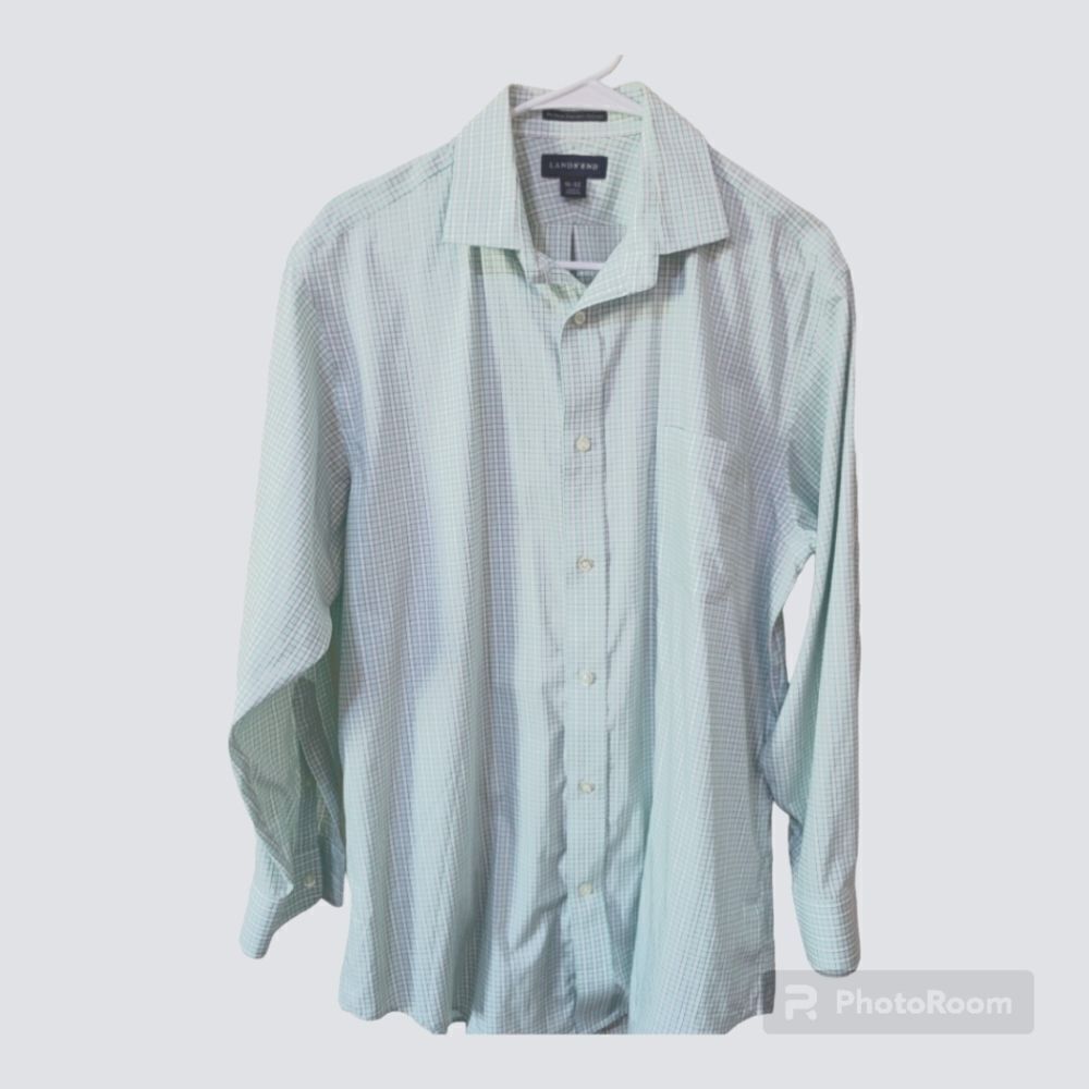 Lands End mens no iron pinpoint oxford buttondown blue plaid shirt size 16 32